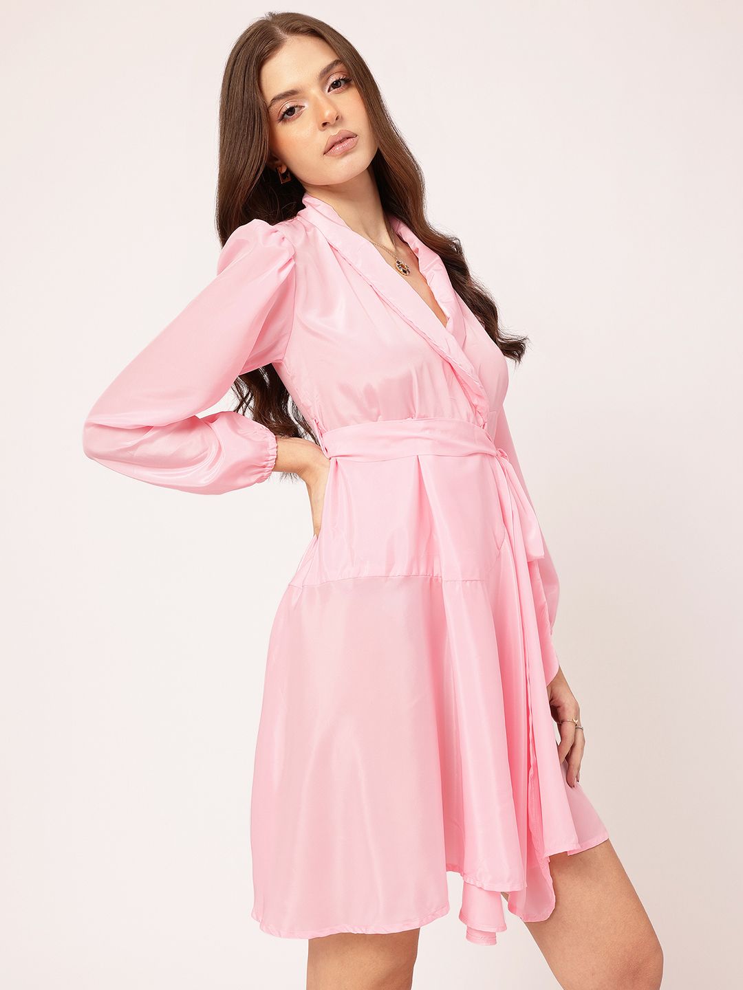 DressBerry Glow & Glam Shawl Collar Puff Sleeve Wrap Belted Mini Dress