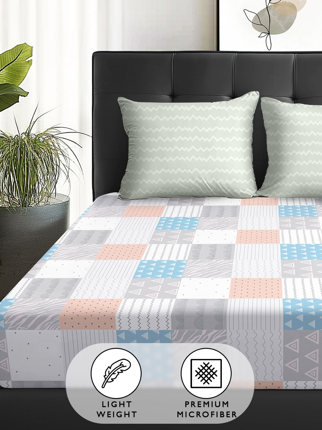 Story@home Arena Peach & White Geometric Microfiber 180TC Queen Bedsheet & 2 Pillow Covers