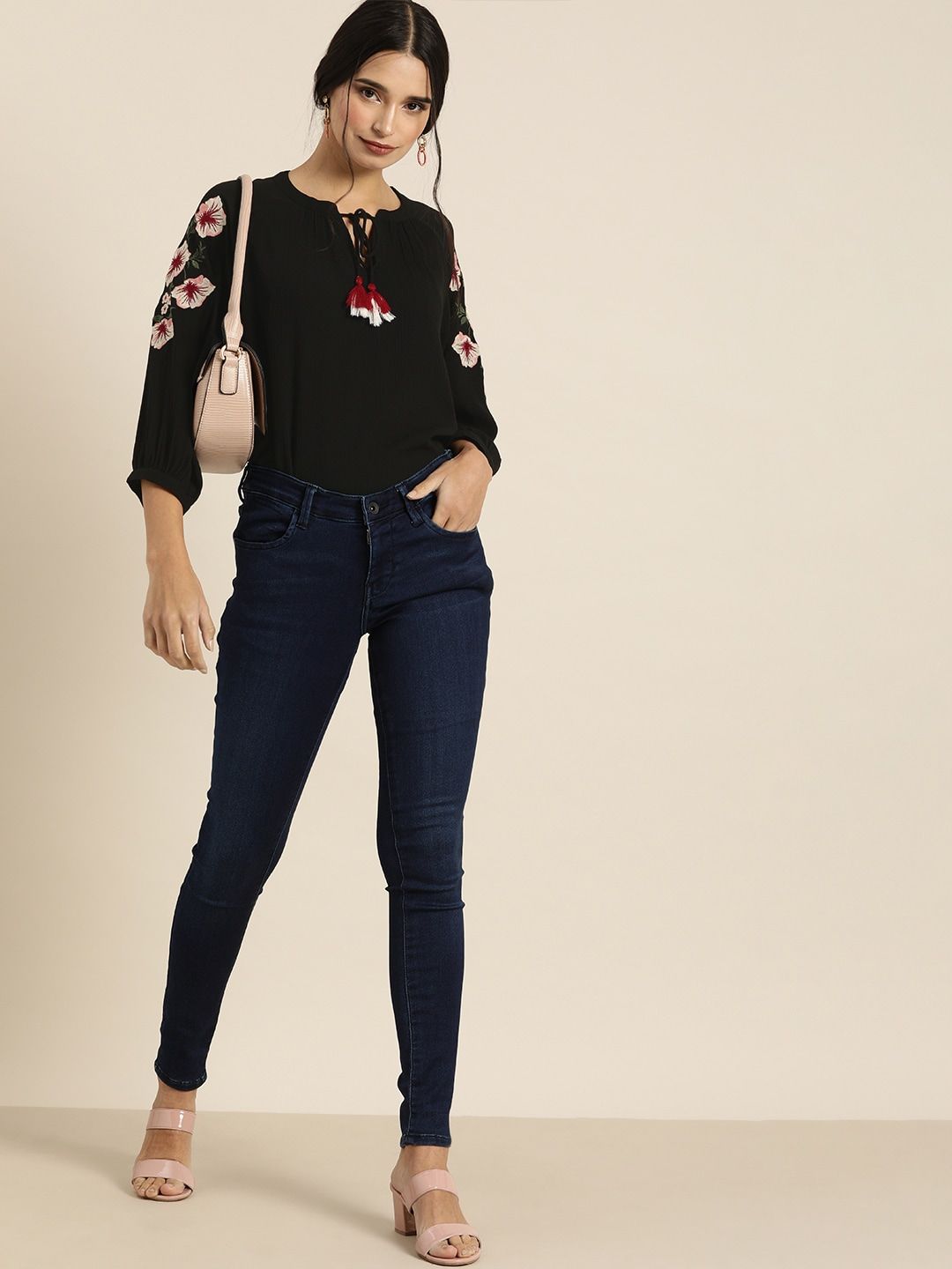 all about you Black Puff Sleeves Regular Top With Embroidery