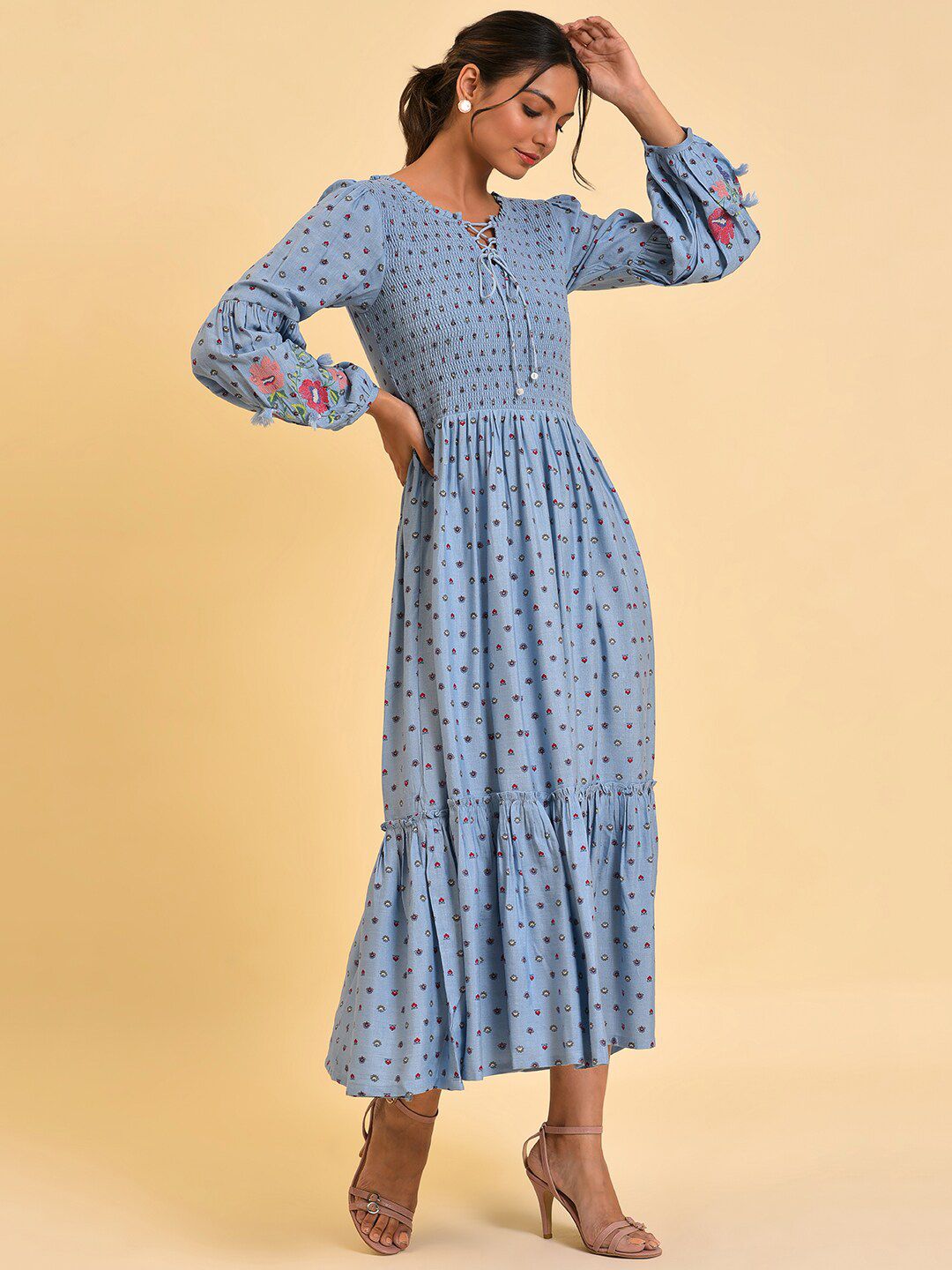 W Blue Floral Printed Smocked Maxi Dress