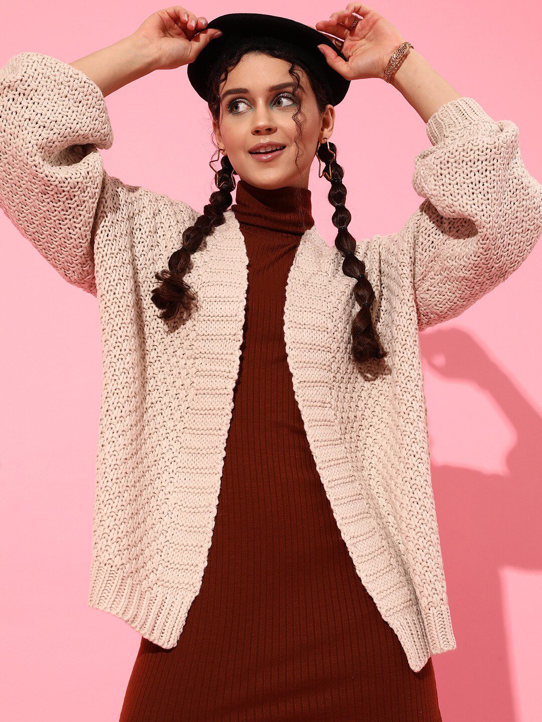 STREET 9 Women Beautiful Beige Self-Design Shrug