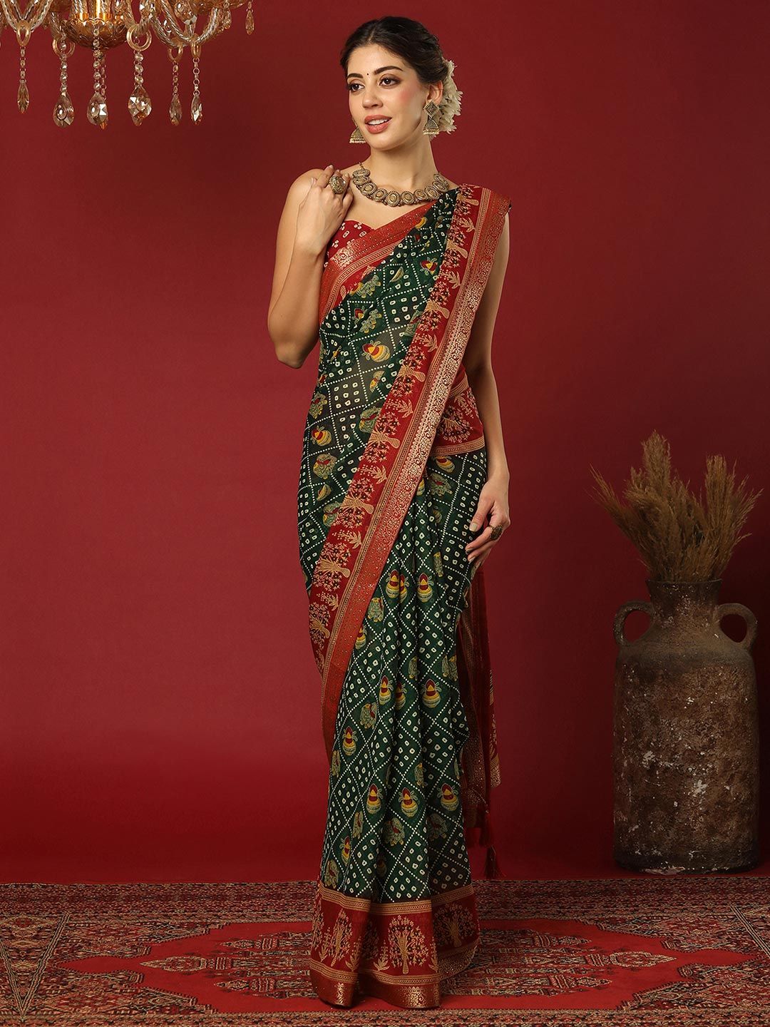 KALINI Bandhani Print Zari Pure Georgette Bandhani Saree