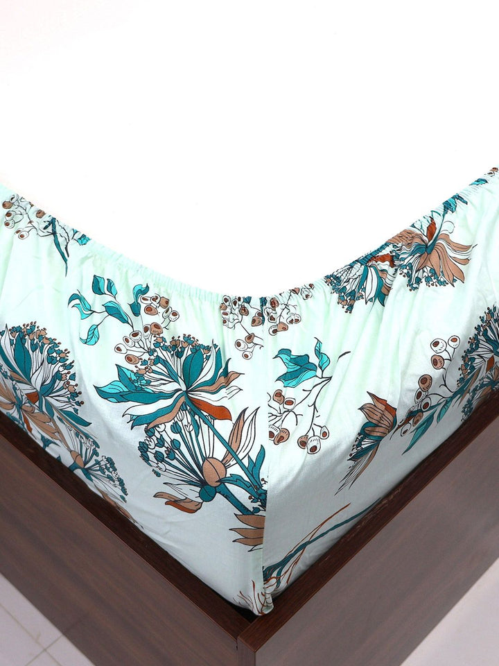 BOMBAY DYEING Green Floral Cotton 140 TC Queen Fitted Bedsheet Set-1.52 m X 1.98 m X 30 cm