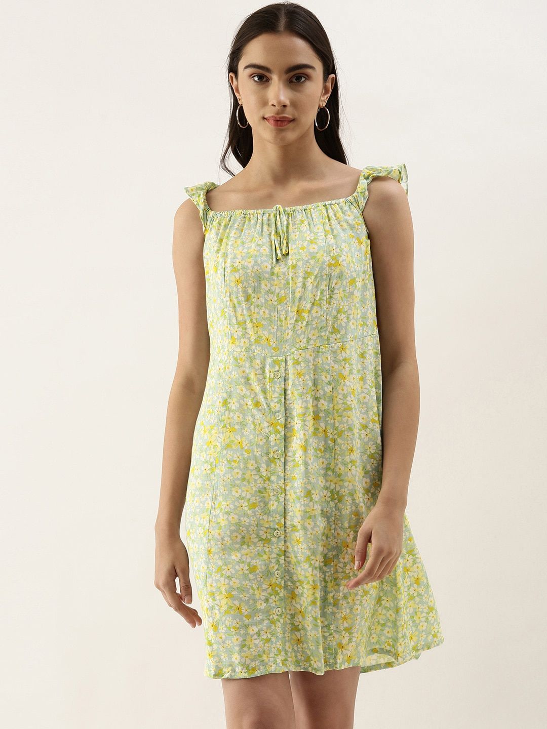 AND Green Floral Printed A-Line Dress