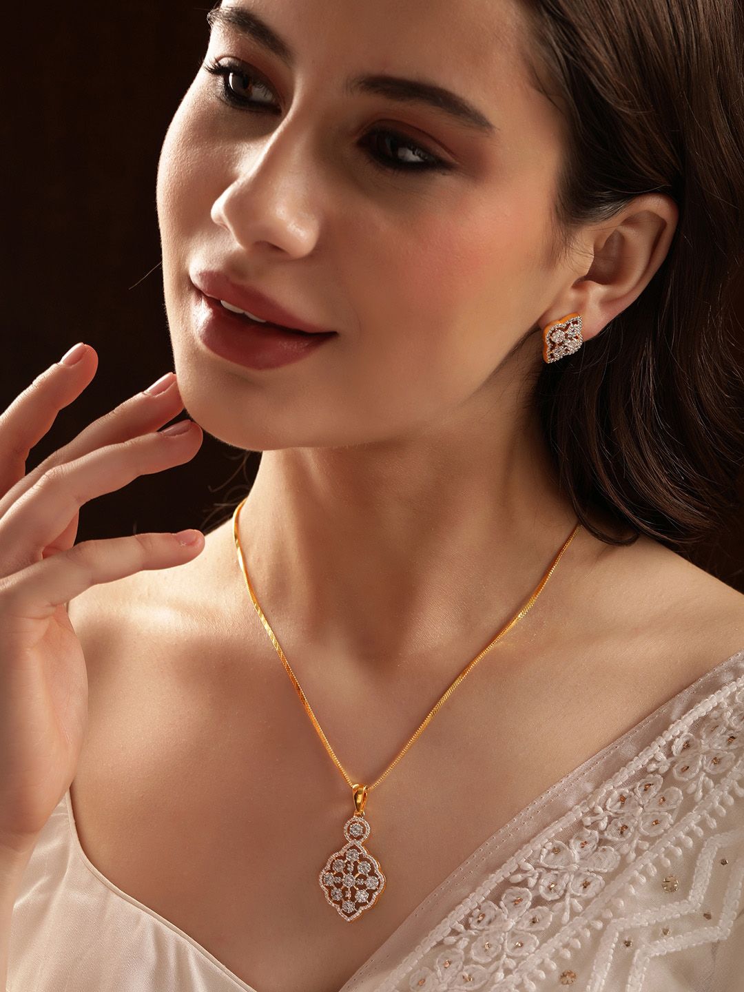 Rubans 22K Gold Plated Cubic Zirconia Stone Studded Pendant Jewellery Set