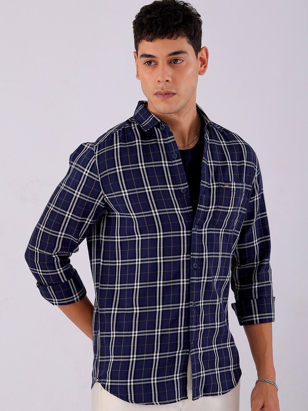 The Indian Garage Co Men Spread Collar Tartan Checked Cotton Slim Fit Casual Shirt