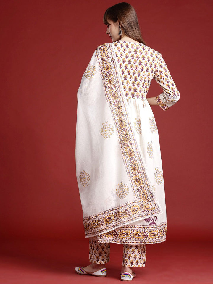 Indo Era Ethnic Motifs Printed Empire Mirror Work Pure Cotton Kurta Set