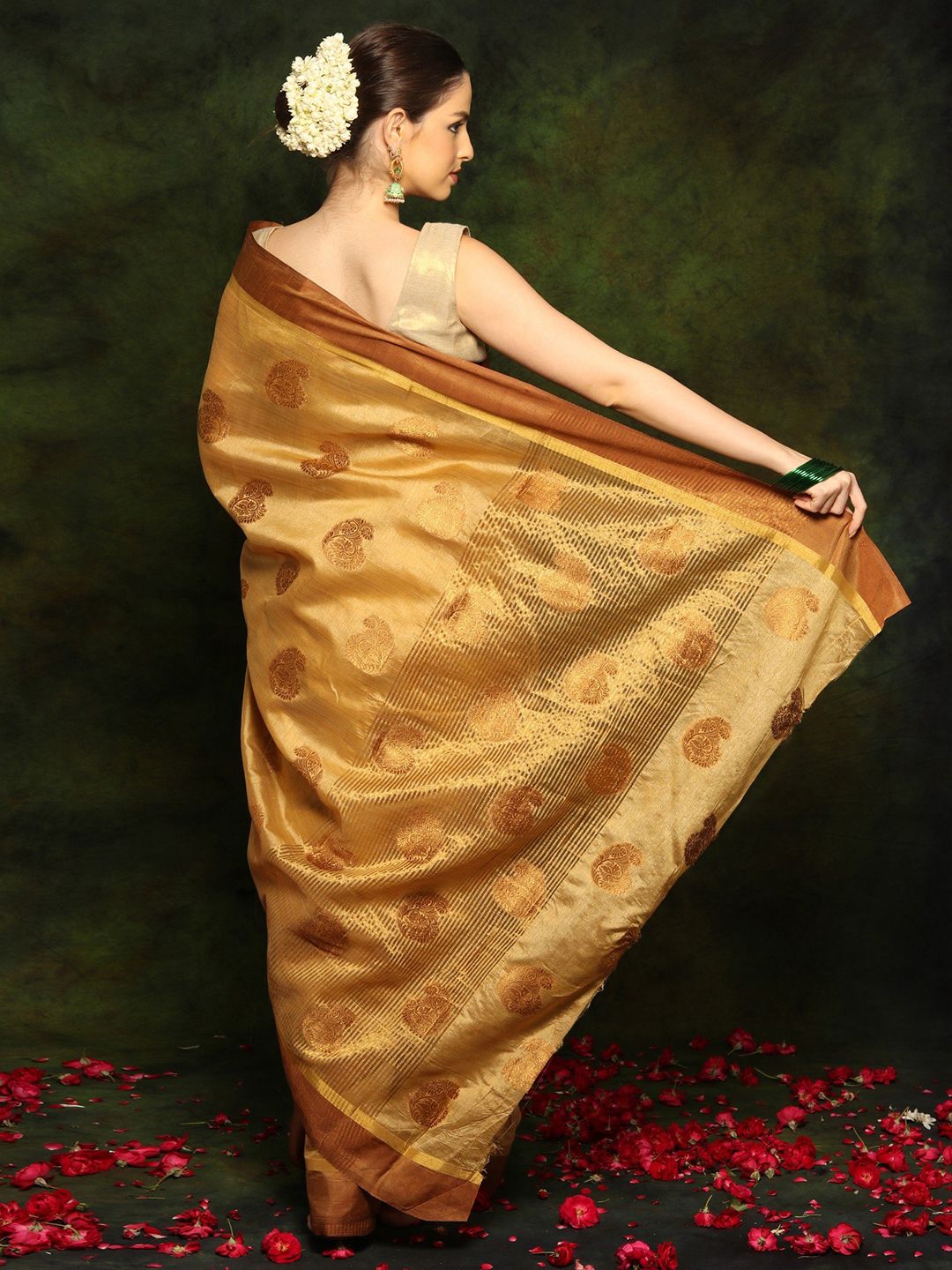 Exotic India Golden Art Silk Saree with Golden Stripes and Traditional Paisley Motifs