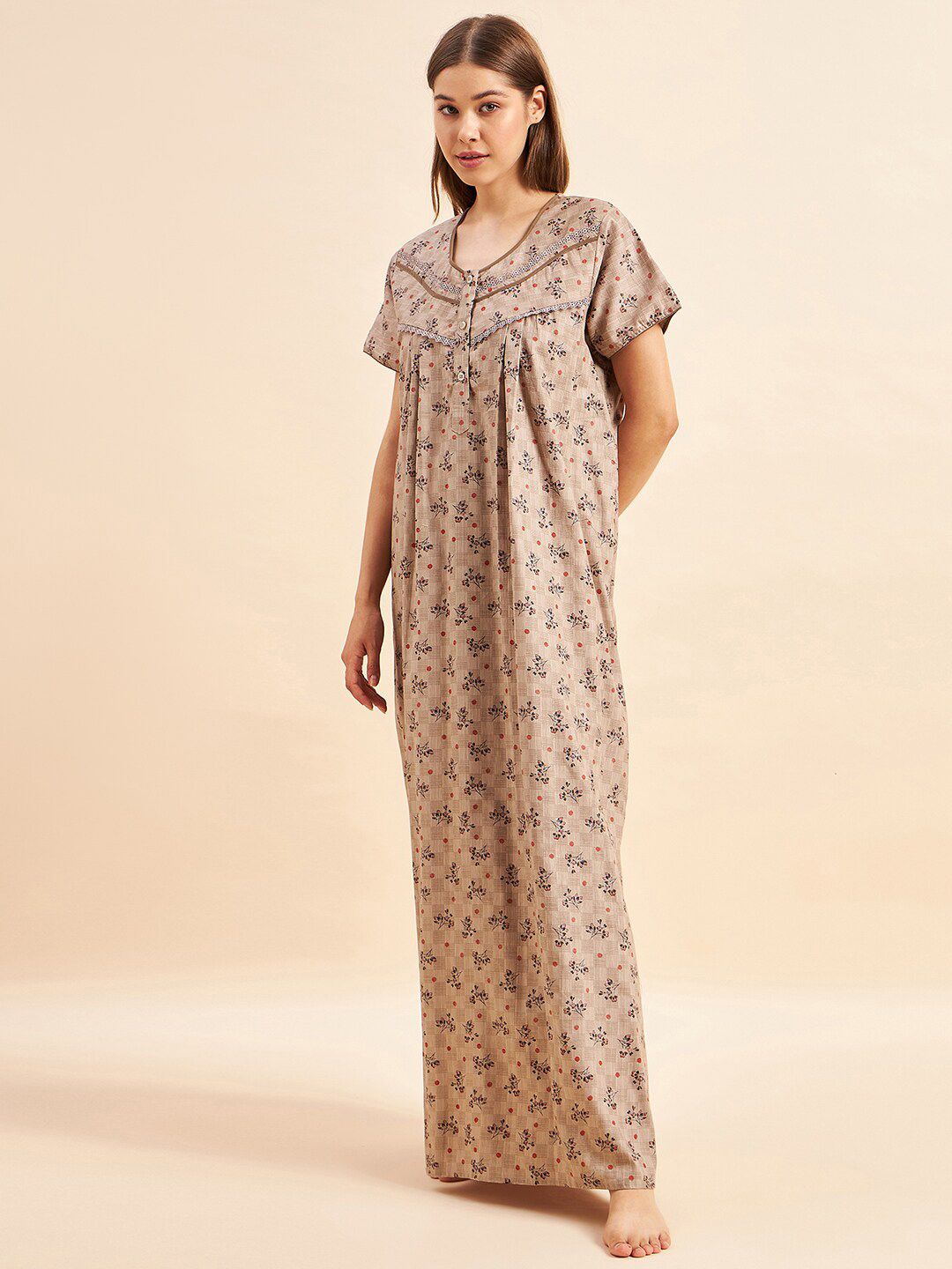 Sweet Dreams Brown Floral Printed Pure Cotton Maxi Nightdress