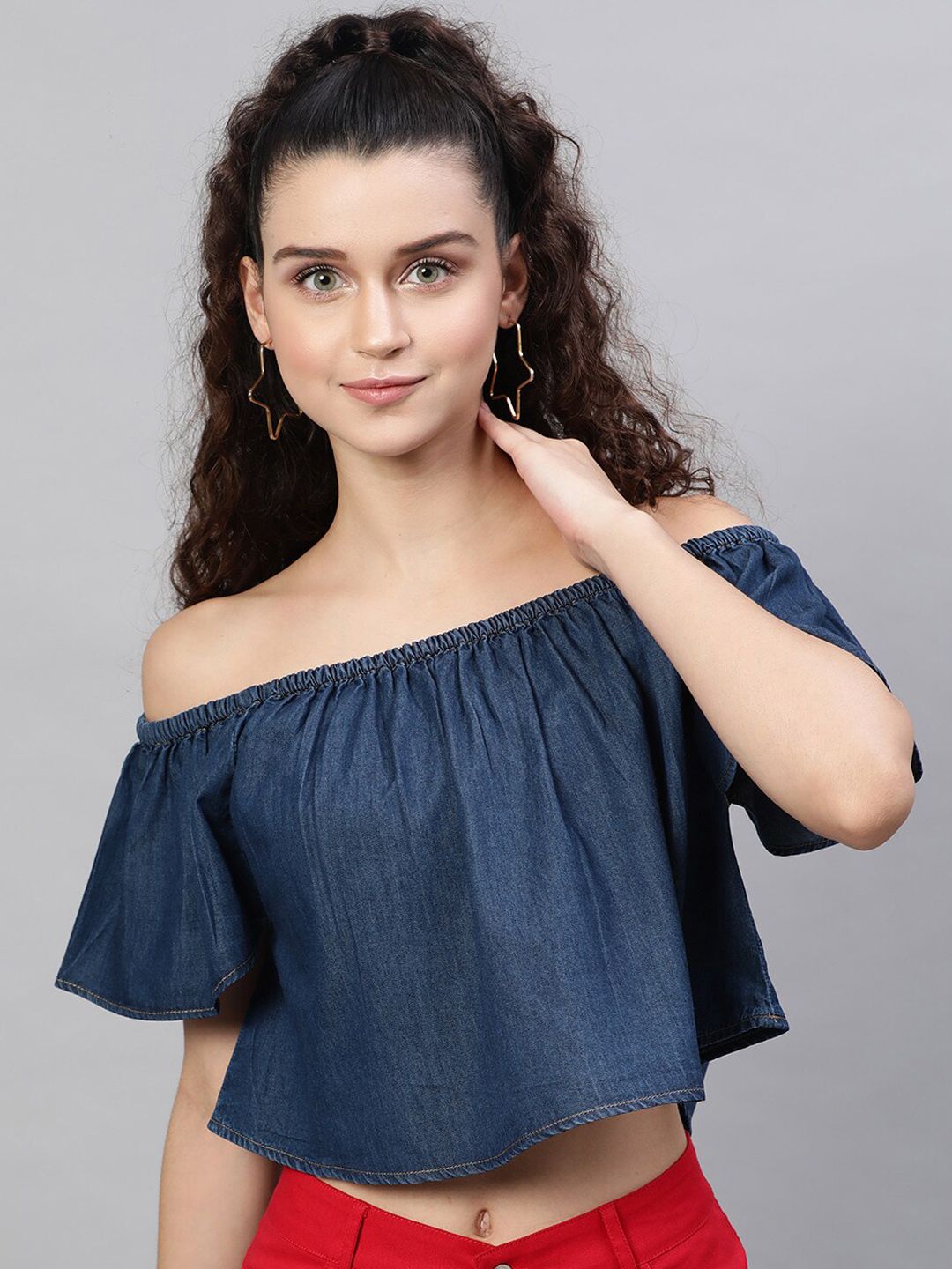 STREET 9 Navy Blue Pure Cotton Solid Denim Bardot Crop Top