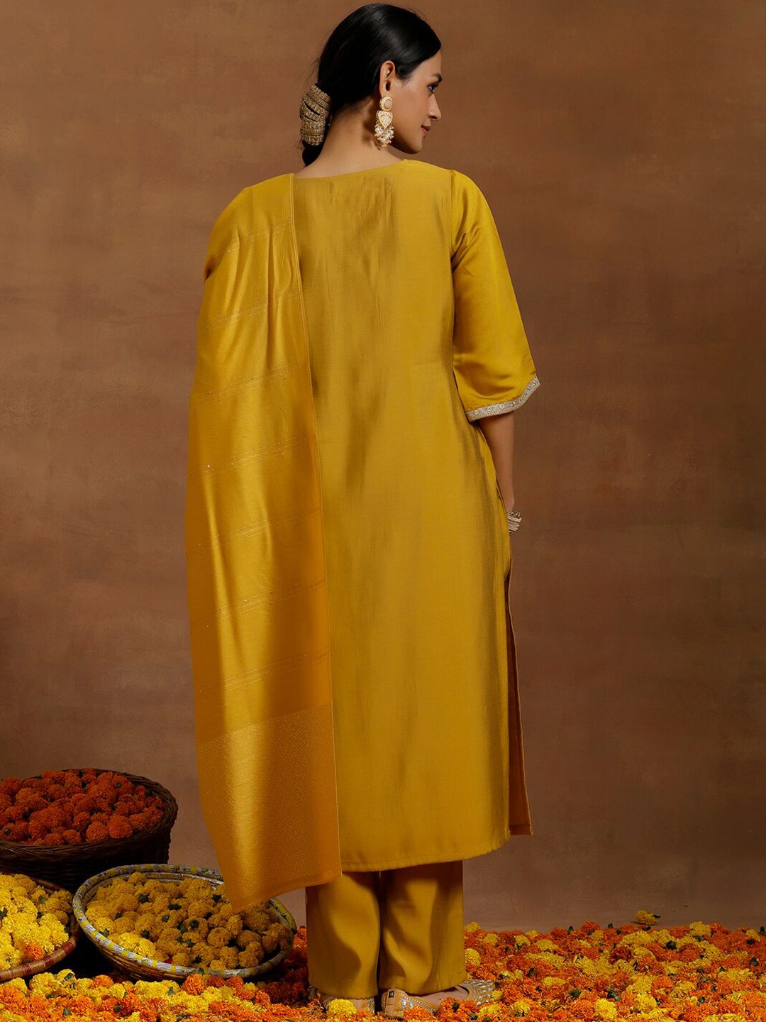 Libas Floral Embroidered Regular Sequinned Straight Kurta With Trousers & Dupatta