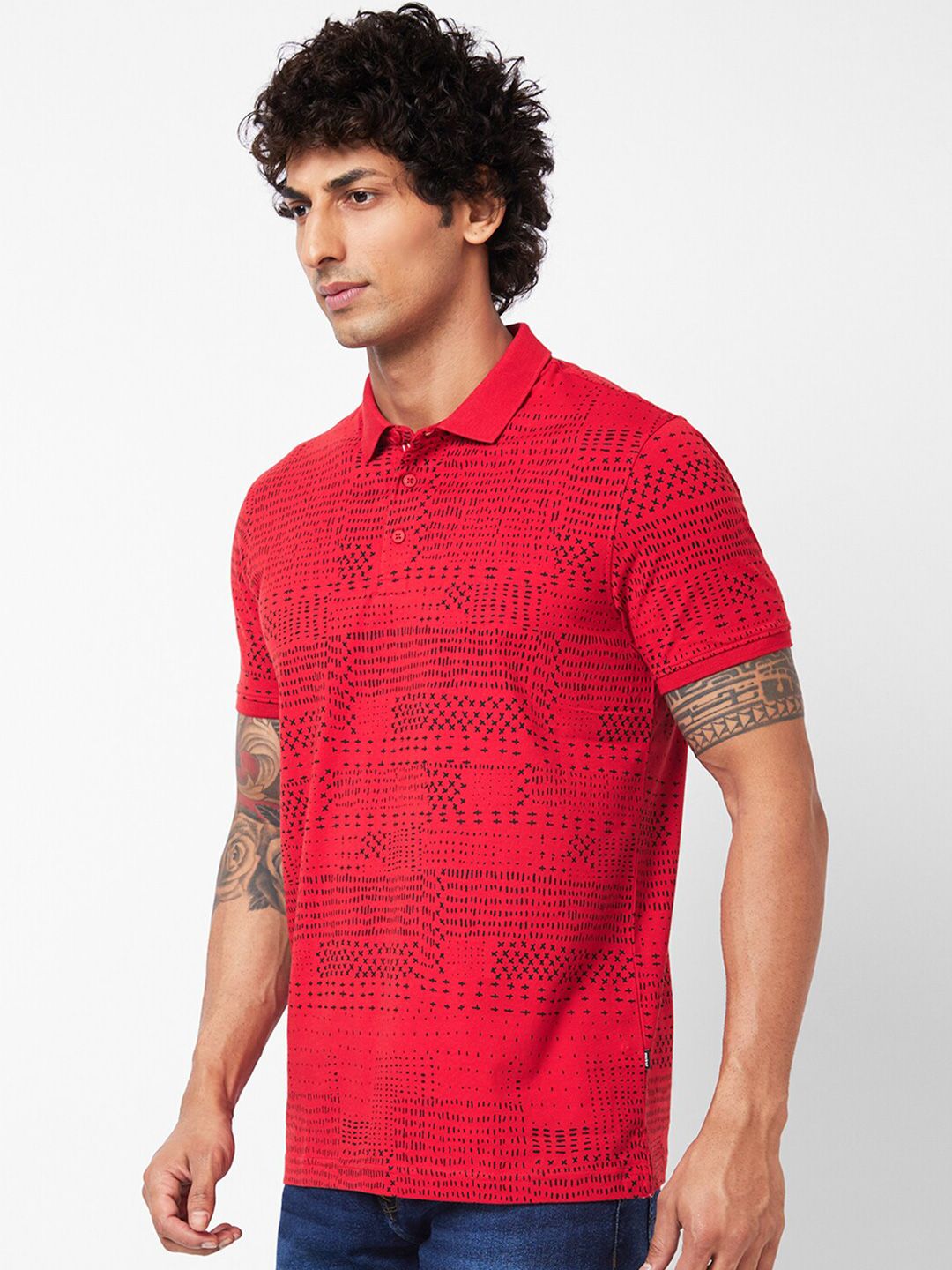 SPYKAR Abstract Printed Polo Collar Slim Fit T-shirt