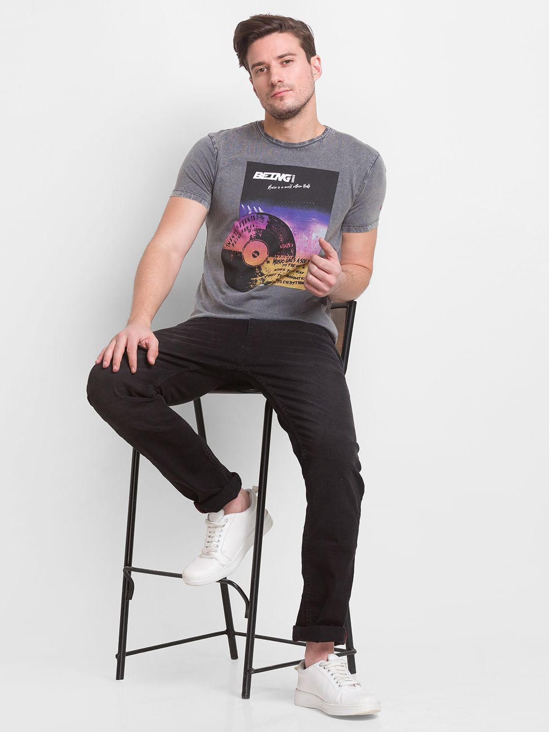 Being Human Men Charcoal Printed Cotton T-shirt