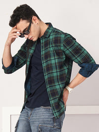 Garage India Co Green & Navy Blue Comfort Tartan diperiksa kemeja kapas terbalik