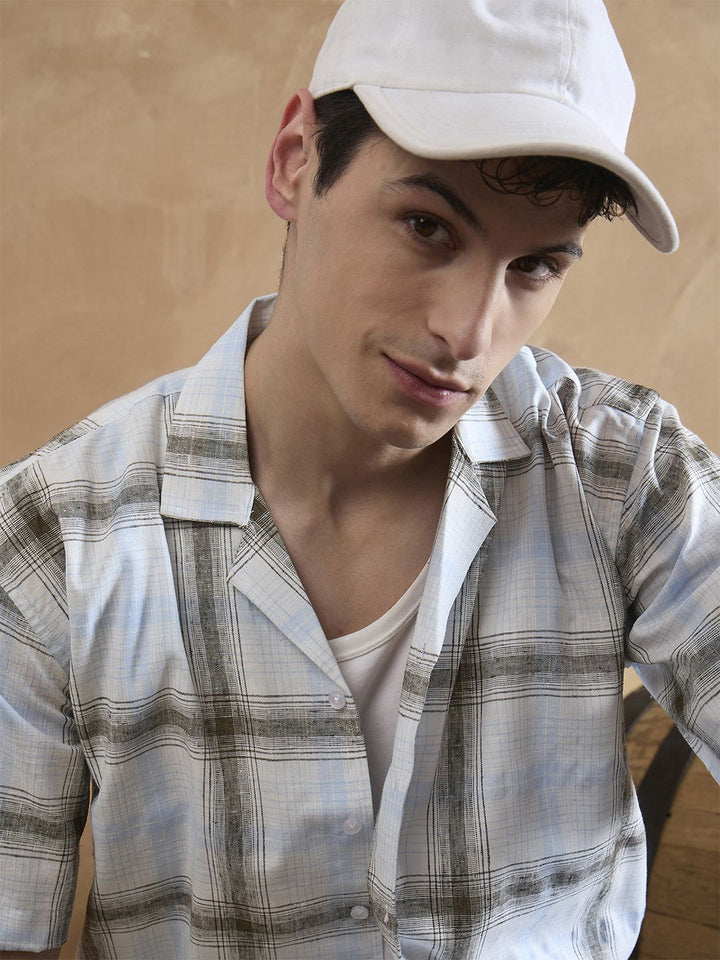 DENNISON Men White and Light Blue Checked Shirt
