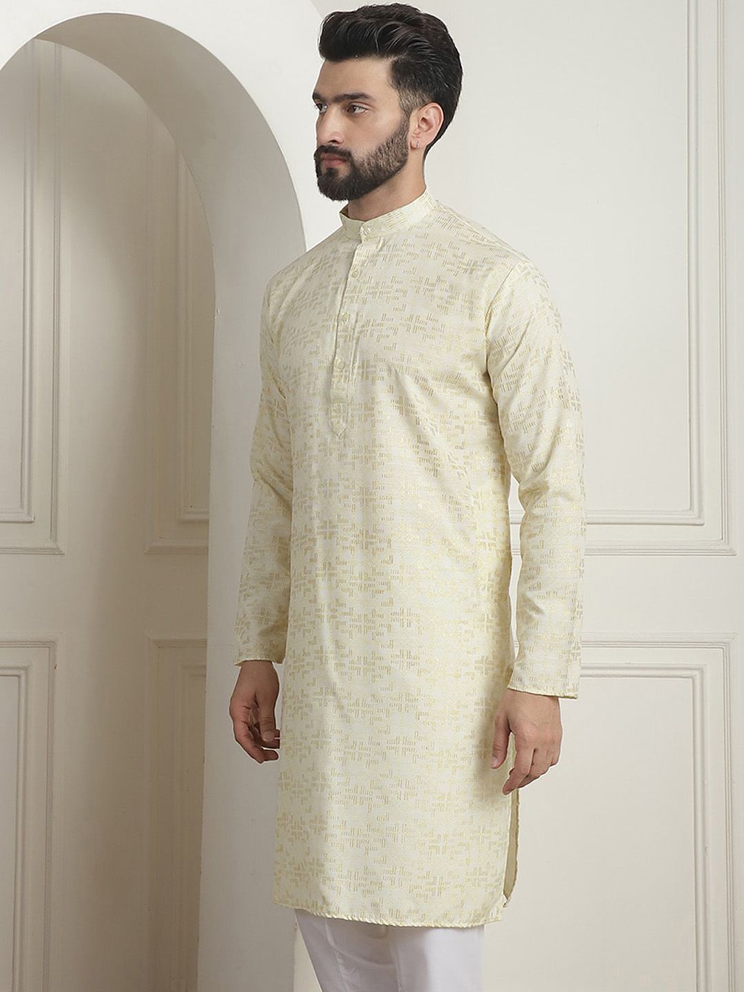 SOJANYA Floral Mandarin Collar Lengan Panjang Cotton Thread Work Kurta