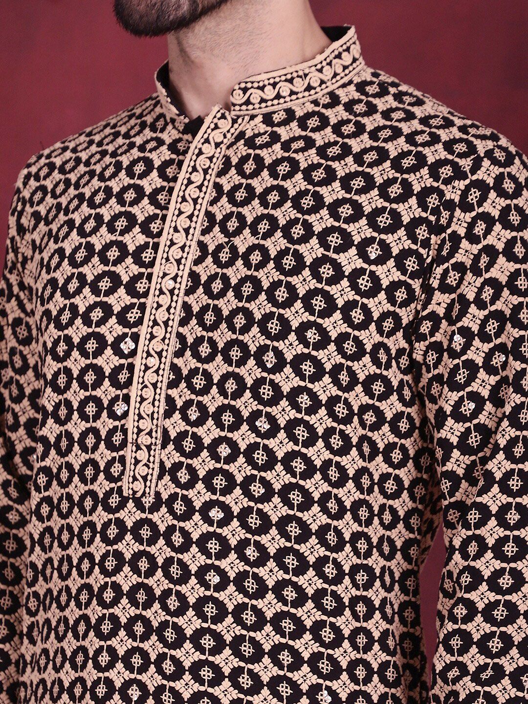 Jompers Ethnic Motifs Embroidered Mandarin Collar Kurta with Pyjamas