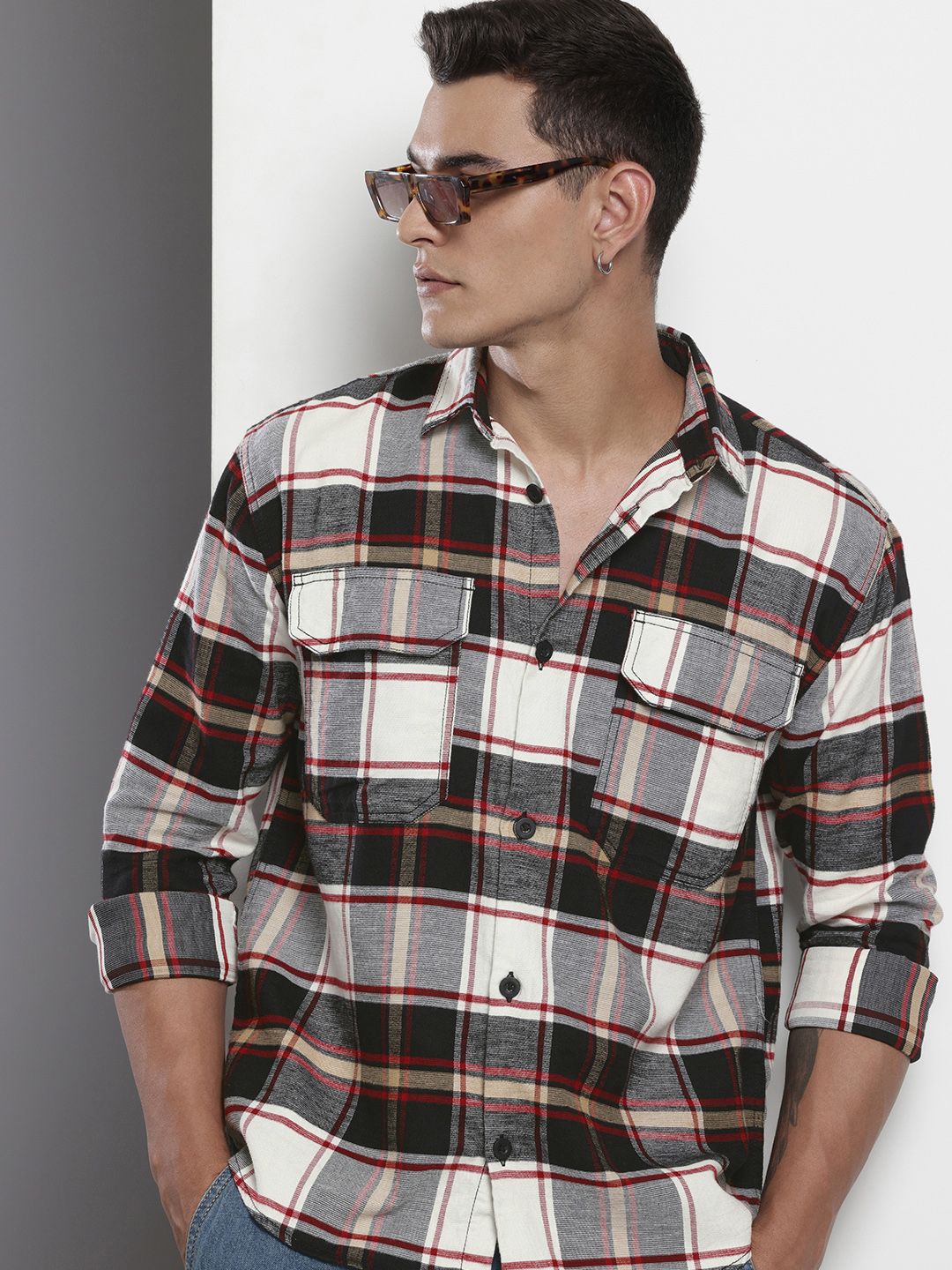 The Indian Garage Co Pure Cotton Checked Drop-Shoulder Sleeves Relaxed Fit Casual Shirt
