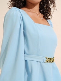 CHIC BY TOKYO TALKIES Blue Square Neck Puff Sleeves Peplum Top With Trousers