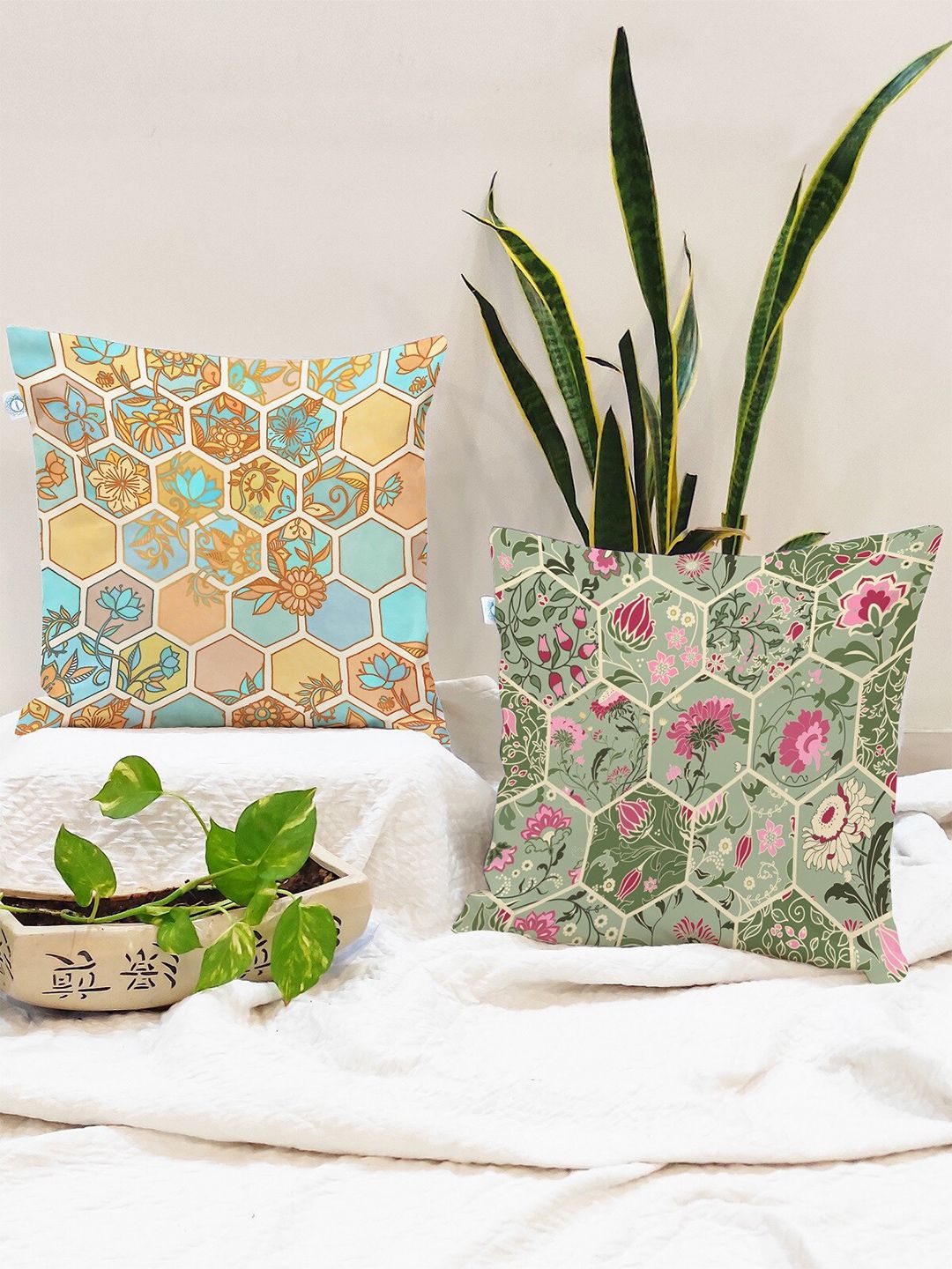 STITCHNEST Green & Yellow Set of 2 Floral Square Cushion Covers