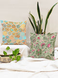 STITCHNEST Green & Yellow Set of 2 Floral Square Cushion Covers