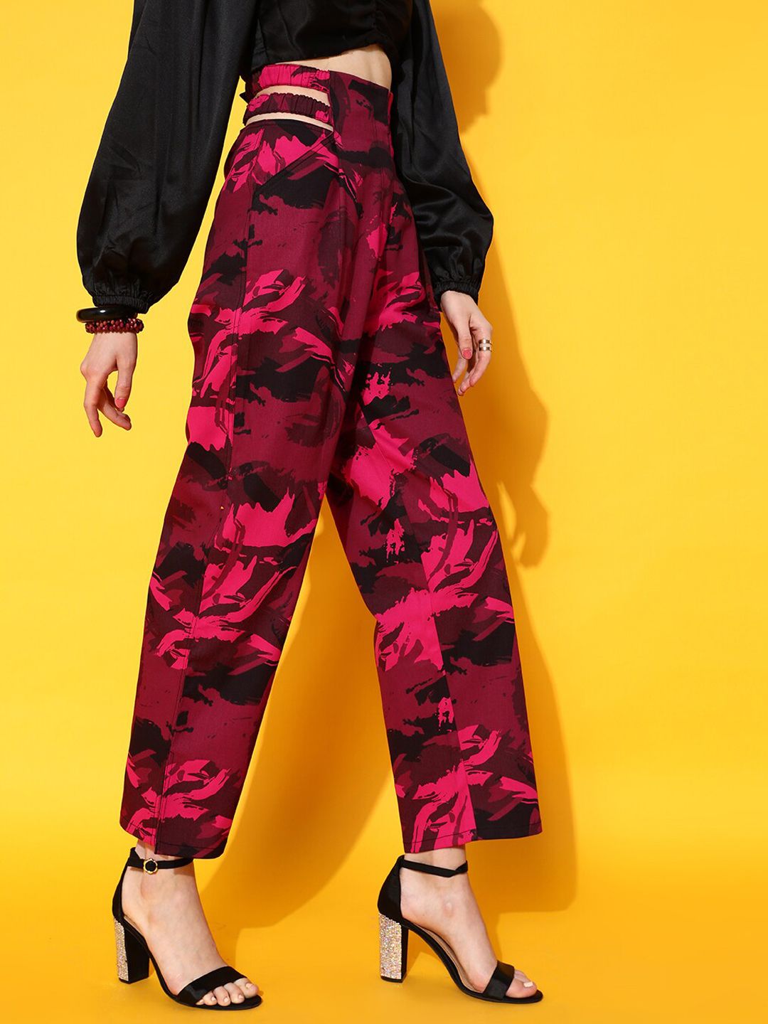 STREET 9 Women Maroon Abstract Smart Straight Fit High-Rise Trousers