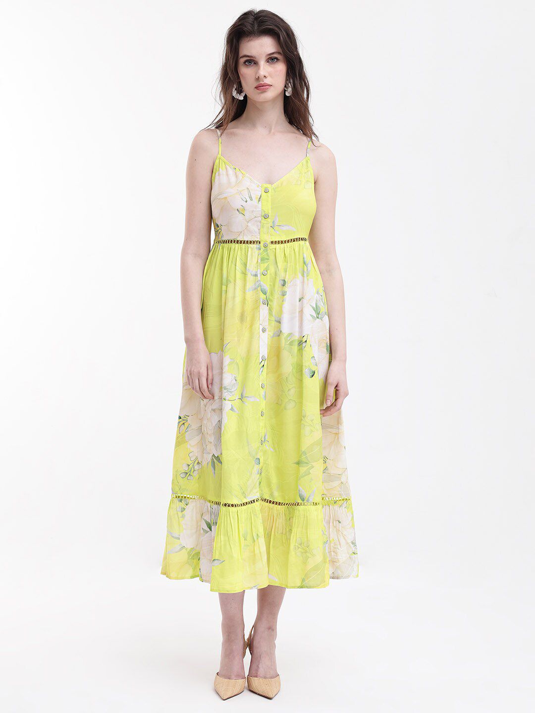 RAREISM Floral Printed Shoulder Straps Gathered Fit & Flare Midi Dress