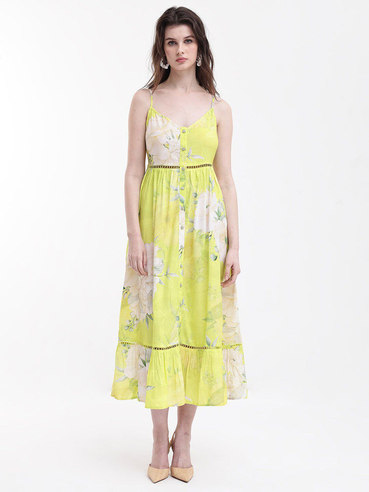 RAREISM Floral Printed Shoulder Straps Gathered Fit & Flare Midi Dress