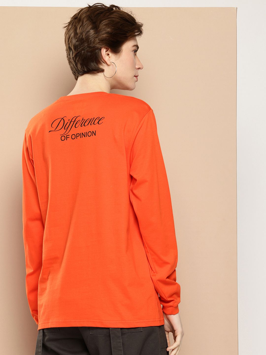 Difference of Opinion Oversized Fit Long Sleeve Typography Printed Pure Cotton T-shirt