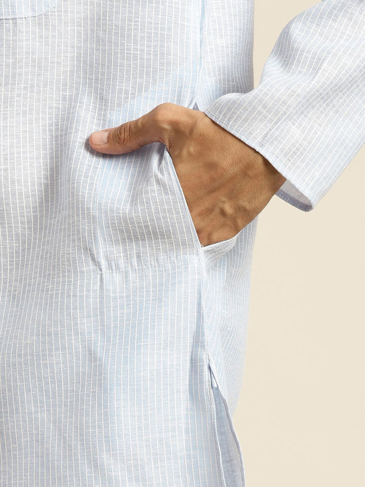SOJANYA Lelaki Biru & Putih Pure Cotton Striped Kurta