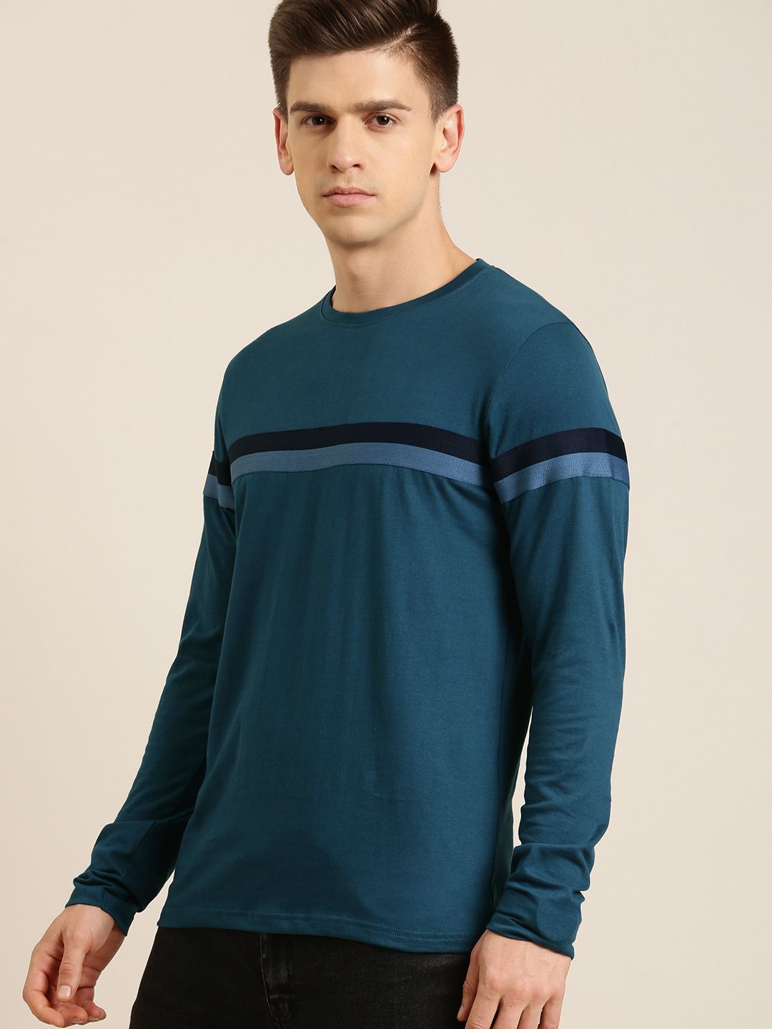 DILLINGER Men Blue & Black Pure Cotton Striped T-shirt