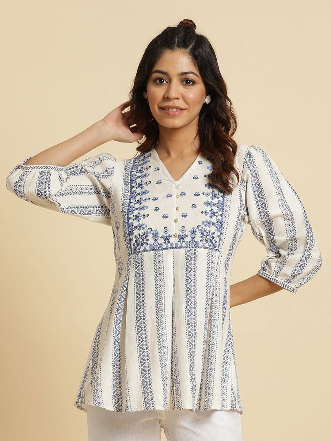 W White Geometric Printed V-Neck Cotton A-Line Longline Top