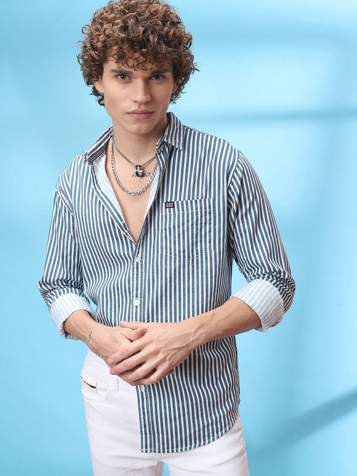 The Indian Garage Co Men Blue & White Slim Fit Striped Casual Shirt