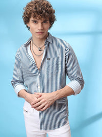 The Indian Garage Co Men Blue & White Slim Fit Striped Casual Shirt
