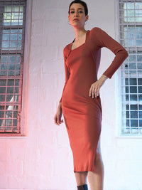 SASSAFRAS Rust Square Neck Long Sleeve Sheath Midi Dress