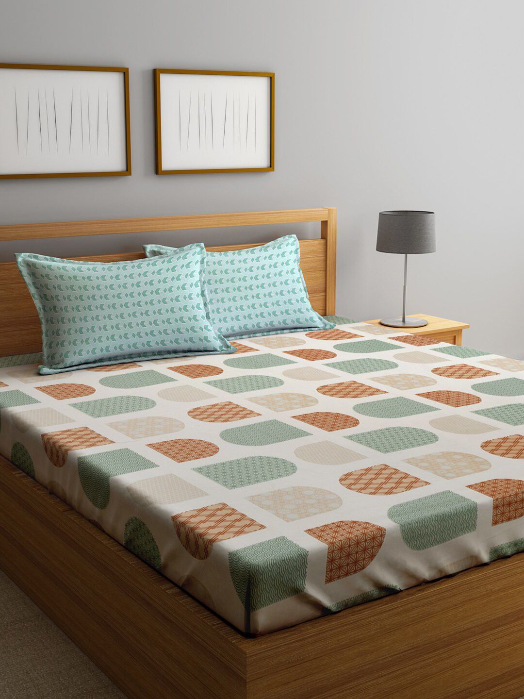 KLOTTHE CREAM & GREEN Dicetak 300TC Double King Bedsheet dengan 2 penutup bantal