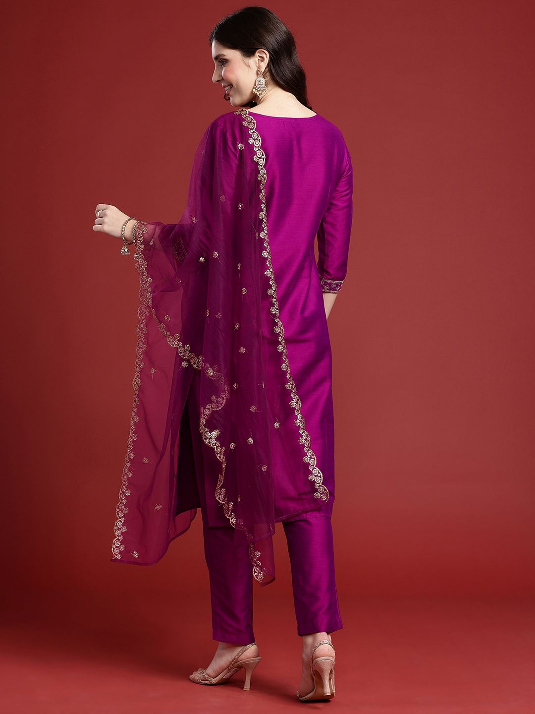 Anouk wanita etnik motif bersulam kurta biasa dengan seluar & dengan dupatta