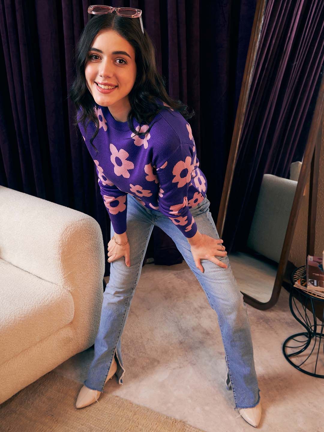 Berrylush Purple Floral Printed Pullover