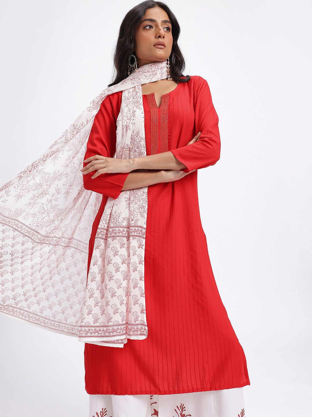 Anouk Yoke Design Panelled Kurta with Floral Printed Palazzos & Dupatta