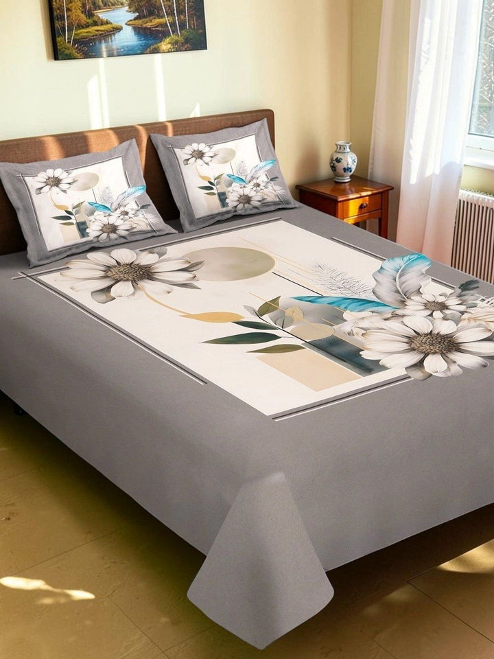 Moda Rapido X KLOTTHE Grey & Blue Floral 400 TC King Bedsheet with 2 Pillow Covers