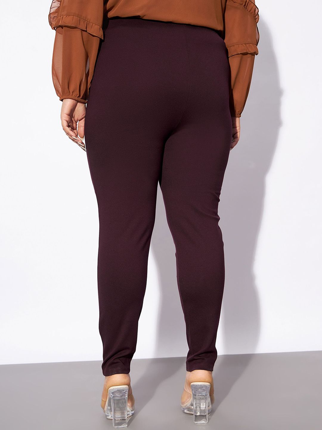 SASSAFRAS Curve Women Plus Size Burgundy Slim Fit Zip Detail Regular Trousers