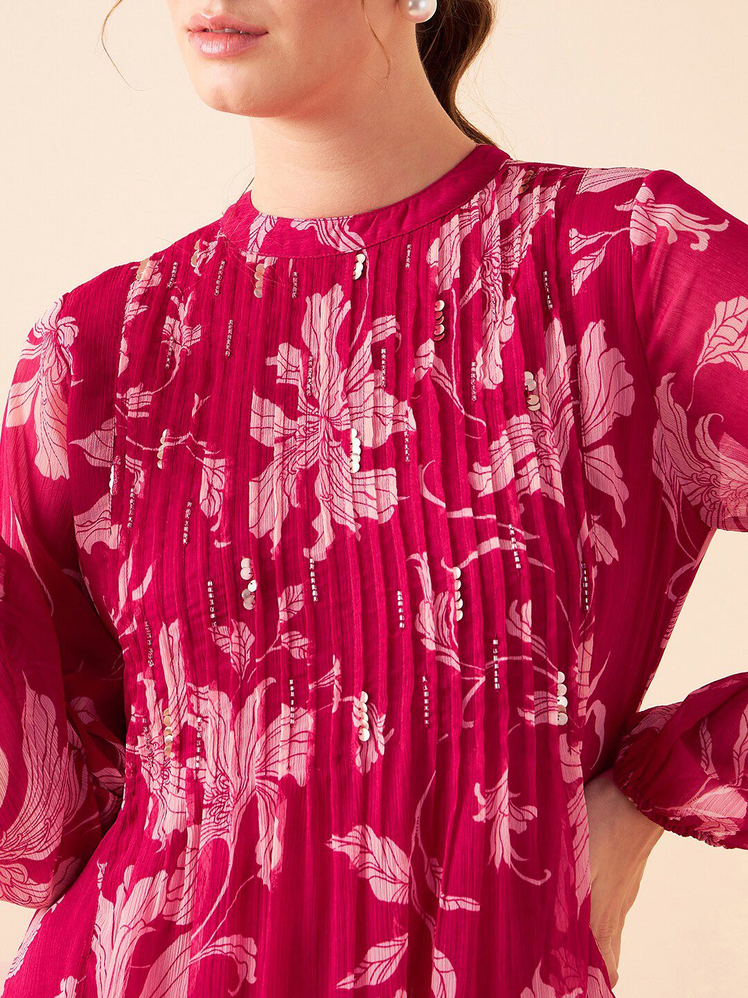 Antheaa Floral Printed High Neck Puff Sleeves Pleated Detailed Chiffon A-Line Midi Dress