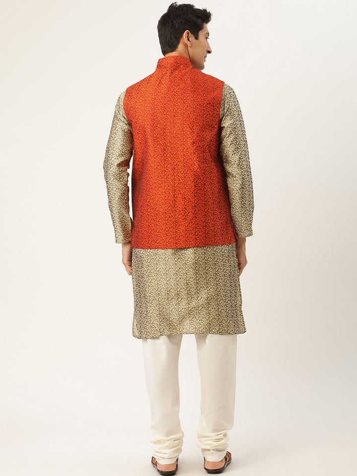 SOJANYA Men Beige & Orange Ethnic Motifs Woven Design Kurta with Churidar & Nehru Jacket