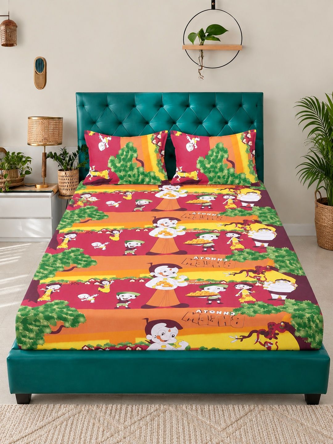 Myntra Elegant Homes Multicoloured Cartoon TC King Bedsheet with 2 Pillow Covers