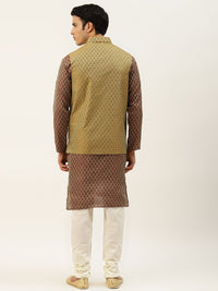 SOJANYA Men Maroon & Beige Woven Design Kurta with Churidar & Nehru Jacket