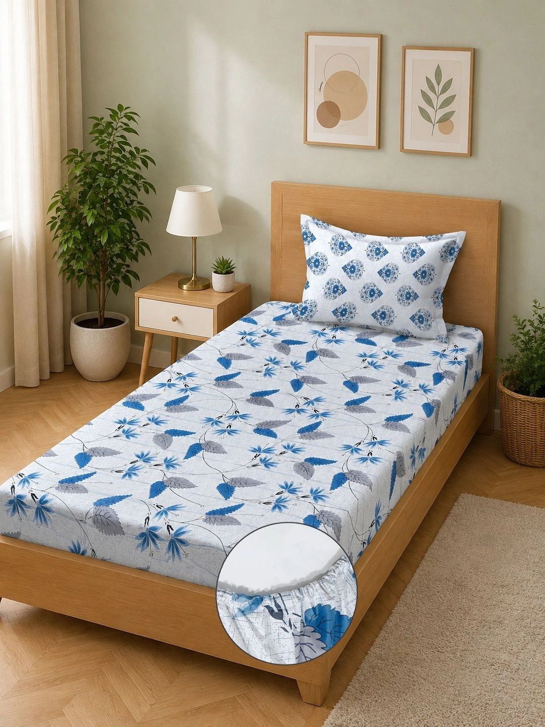 Moda Rapido X KLOTTHE Biru & Kelabu Bunga 400 TC Cadar Bujang dengan 1 Sarung Bantal