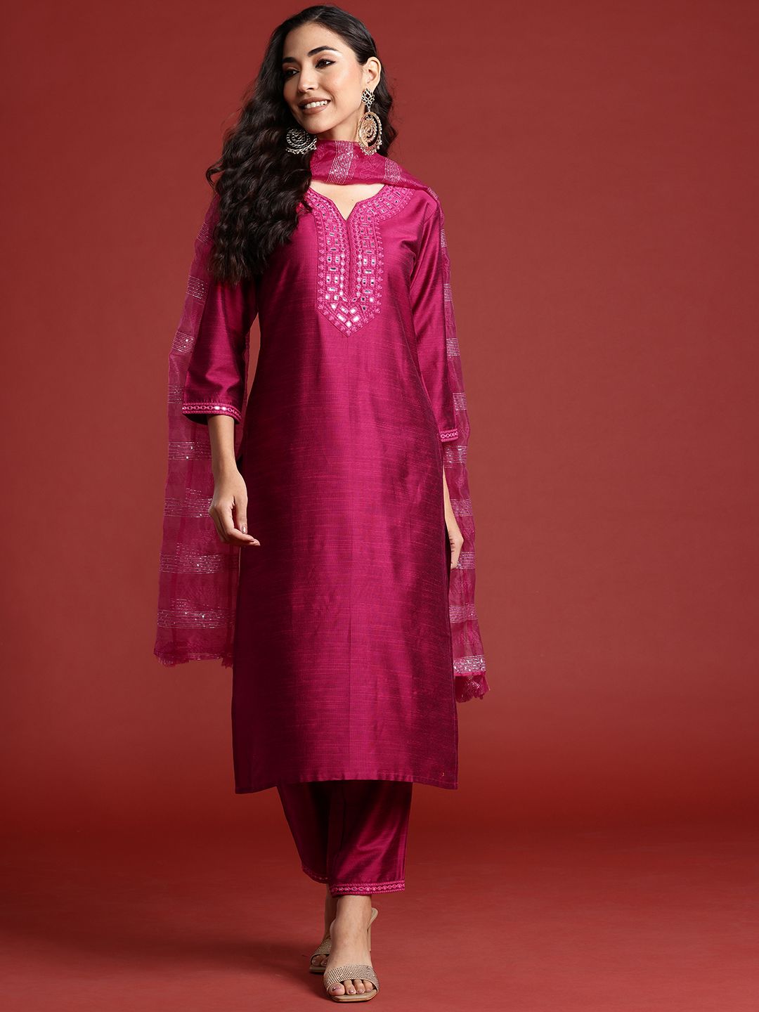 Indo Era Yoke Design Mirror Work Kurta With Trousers & Dupatta
