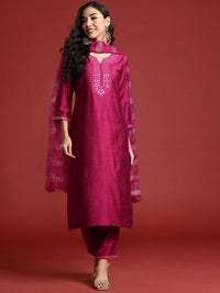 Indo Era Yoke Design Mirror Work Kurta With Trousers & Dupatta