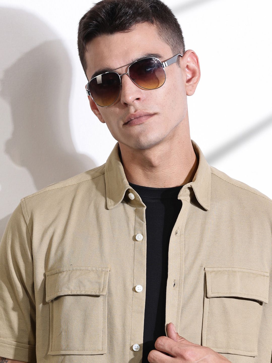 Thomas Scott Men Classic Fit Spread Collar Solid Cotton Knitted Shirt