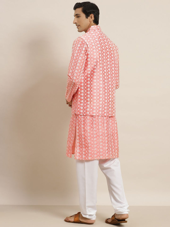 SOJANYA Men Coral Pink & White Floral Embroidered Kurta Set & Nehru Jacket